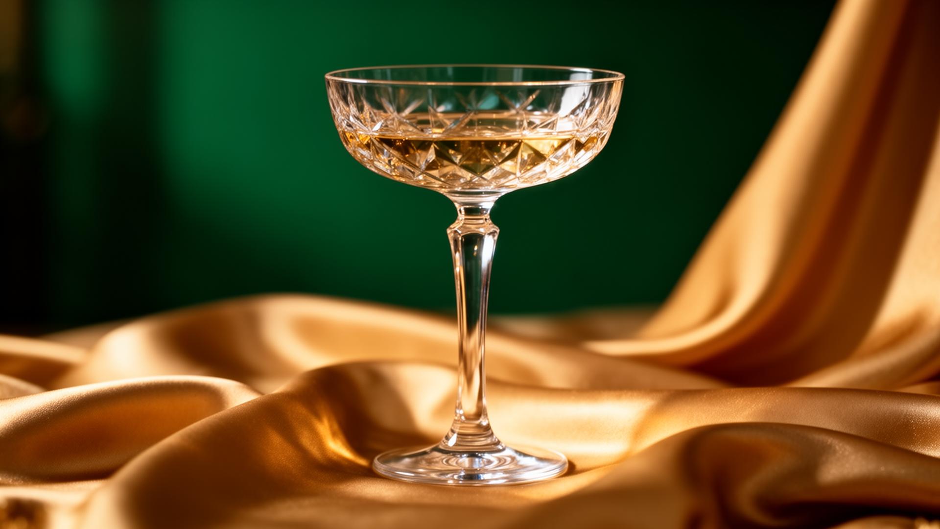 Crystal coupe on gold silk against deep emerald — emblem of refined companionship